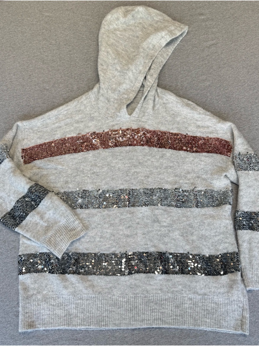 Nine West Gray Hooded Sweater with Rose Gold and Silver Sequin Stripes